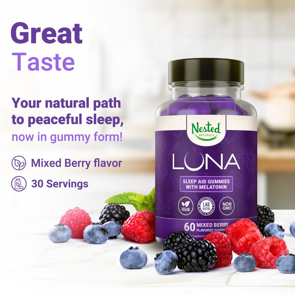 Illustration of Luna Sleep Gummies ingredients: melatonin, L-Theanine, GABA, valerian, lemon balm
