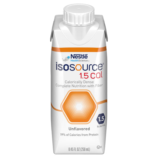 Close-up of Isosource 1.5 Cal nutritional supplement bottle label