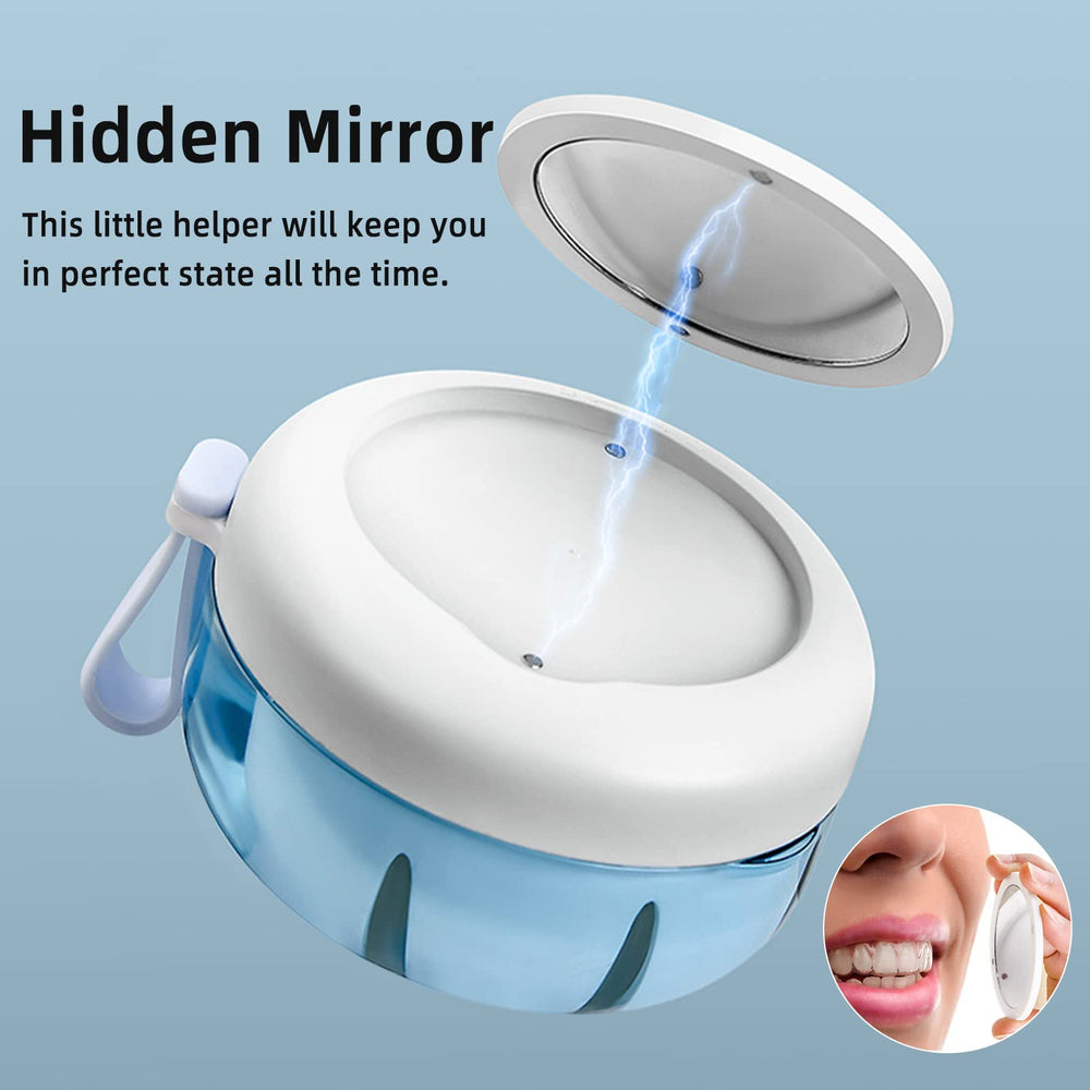Compact portable denture case dimensions 3.74 x 3.74 x 1.96 inches