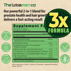 Ingredients include nettle root Fo-Ti root and green tea leaf extract for hair and prostate health