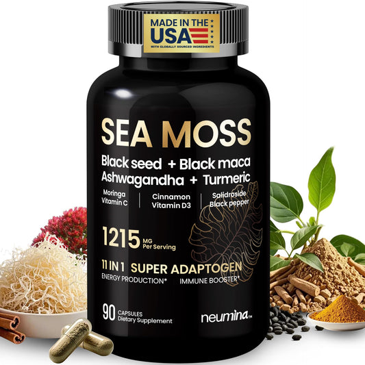 Front view of NEUMINA 1215mg Sea Moss Capsules bottle with 90-count package