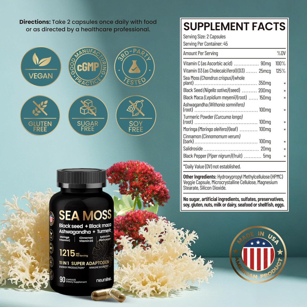 Herbal adaptogen blend featuring ashwagandha, black seed oil, maca and turmeric