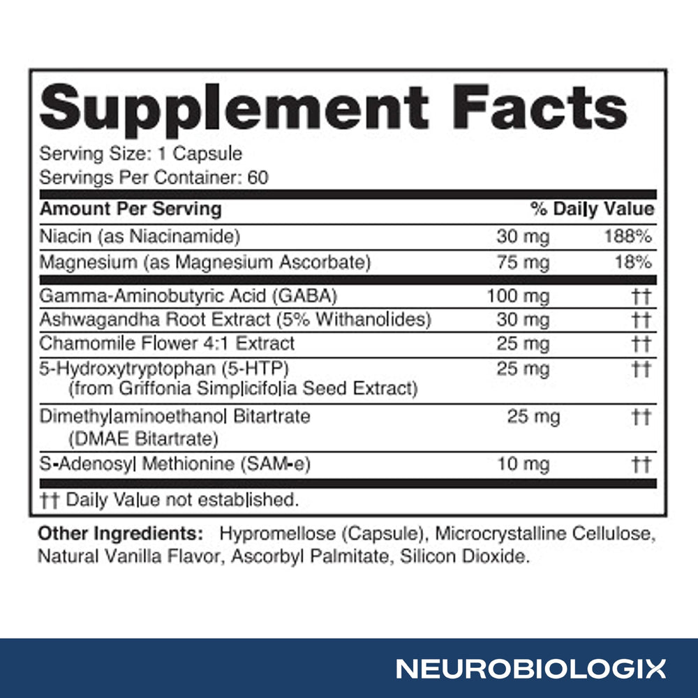 GABA, 5-HTP, Ashwagandha, and Chamomile icons representing ingredients