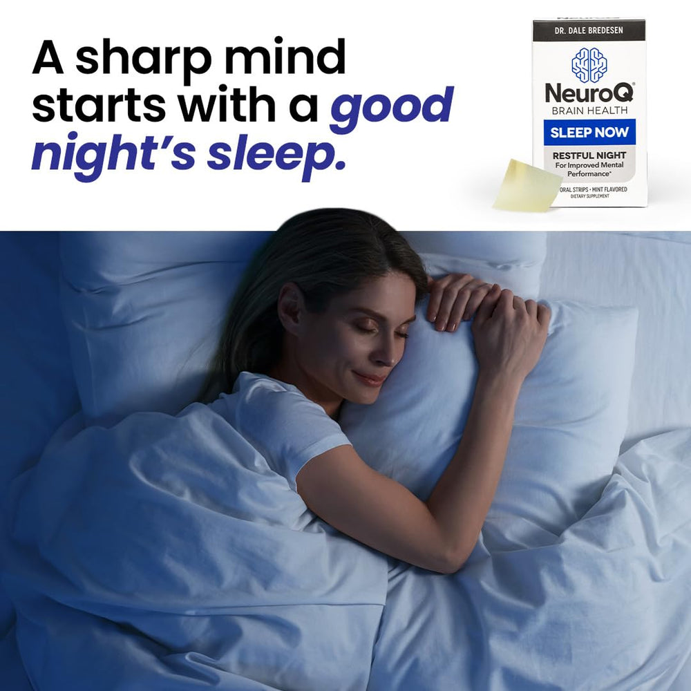 Lifestyle scene with NeuroQ Sleep Now strips beside a glass of water