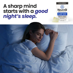 Lifestyle scene with NeuroQ Sleep Now strips beside a glass of water