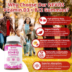Nutrition facts label on NEVISS Vitamin D3 + B12 bottle