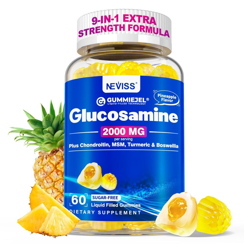 NEVISS Glucosamine 2000mg Gummies bottle front view with pineapple flavor