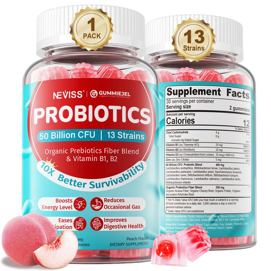 Packaging of NEVISS Probiotic + Prebiotic Gummies 60-count