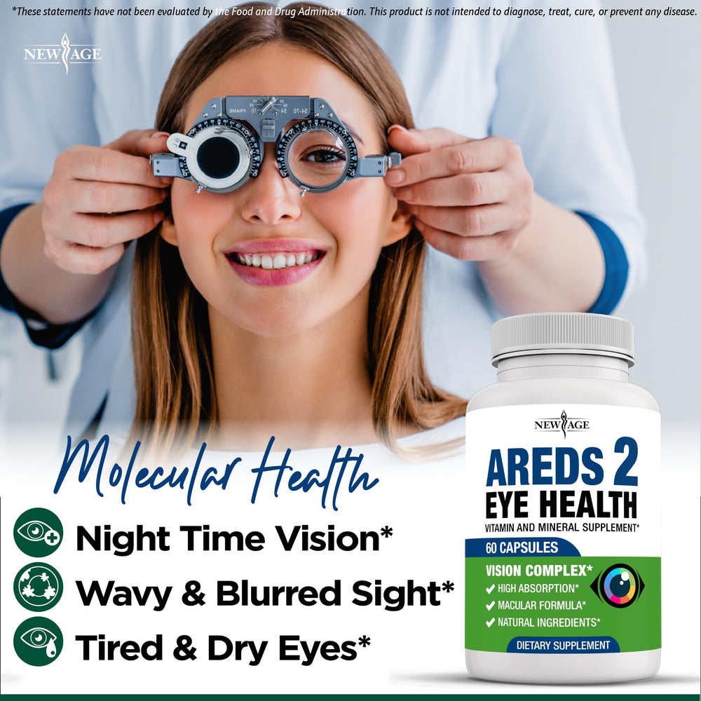 Closeup of New Age AREDS2 capsules ready to support vision health.