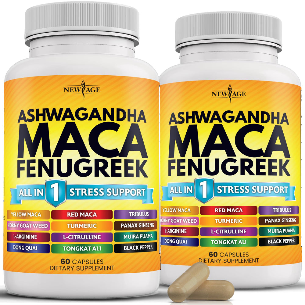 Front view of NEW AGE Ashwagandha Maca Fenugreek Tongkat Ali Ginseng supplement bottle
