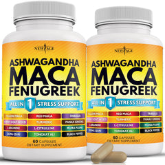 Front view of NEW AGE Ashwagandha Maca Fenugreek Tongkat Ali Ginseng supplement bottle