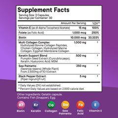 Close-up of ingredients: Biotin, Collagen, Keratin, Hyaluronic Acid