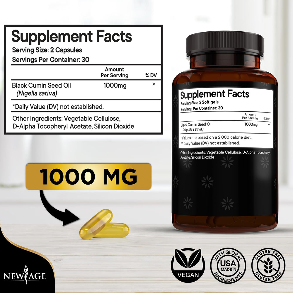 Bottle and label of NEW AGE Black Seed Oil Softgel Capsules