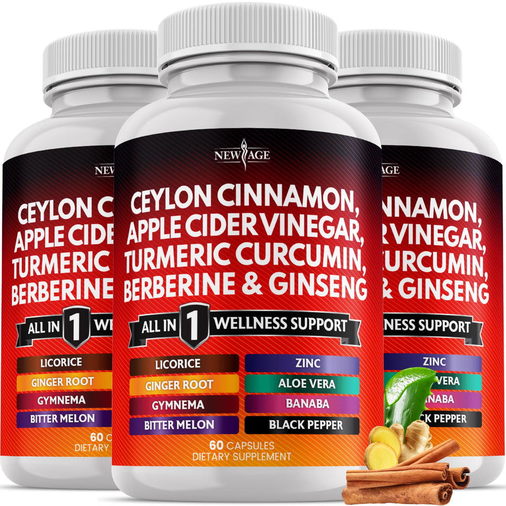 New Age ceylon-cinnamon-turmeric-acv-ginger bottle for everyday wellness.