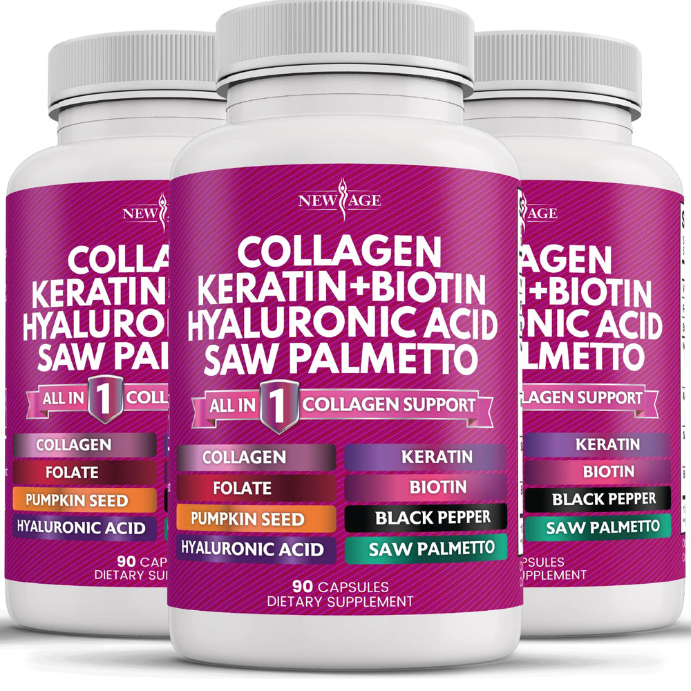 NEW AGE collagen pills bottle front may support skin and hair health