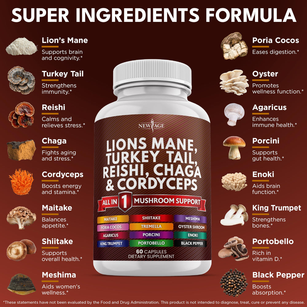 Capsules showing Lion's Mane, Turkey Tail, Reishi, Chaga and Cordyceps
