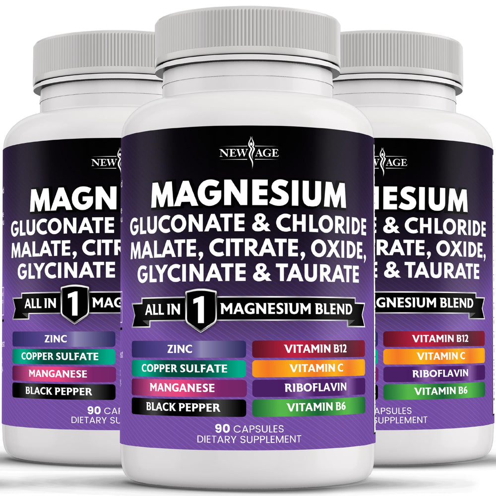 NEW AGE Magnesium complex bottle shows an all-in-one formula for bone and joint support.