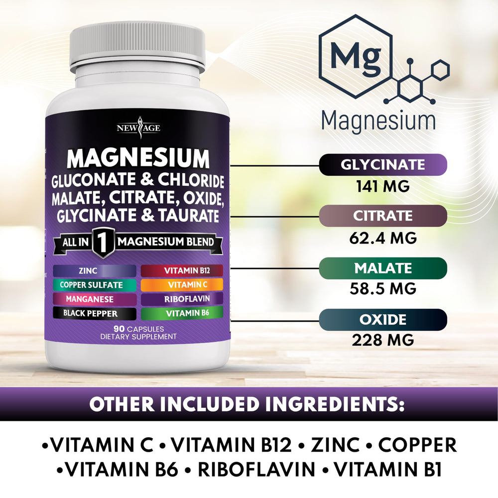 Assorted forms of magnesium including Malate, Oxide and Taurate