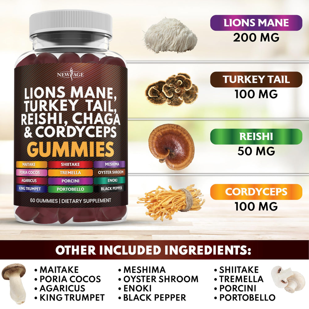Gummies spilling from bottle showing Lion's Mane, Reishi, Cordyceps
