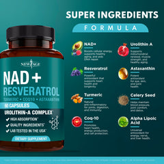 NEW AGE NAD+ Complex ingredients label highlights NAD+ and antioxidants