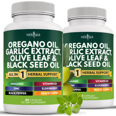 New Age oregano oil and garlic extract with olive leaf and astragalus bottle front