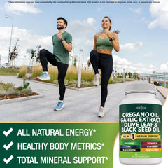Capsules of oregano oil, garlic, and olive leaf extract