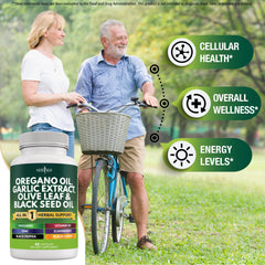 Astragalus herb foreground with oregano oil capsules