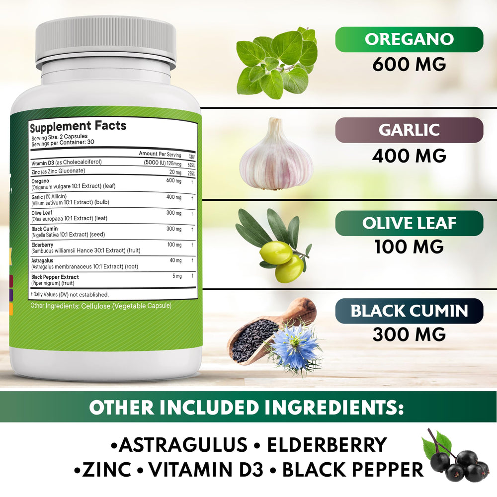 Herbal blend capsules featuring oregano, garlic, olive leaf