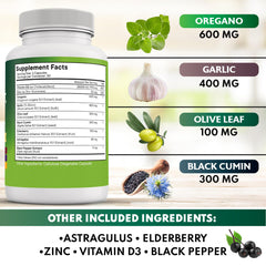 Herbal blend capsules featuring oregano, garlic, olive leaf
