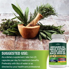 Close-up of oregano oil powder and olive leaf extract capsules