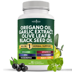 New Age oregano oil garlic extract olive leaf astragalus supplement bottle - front