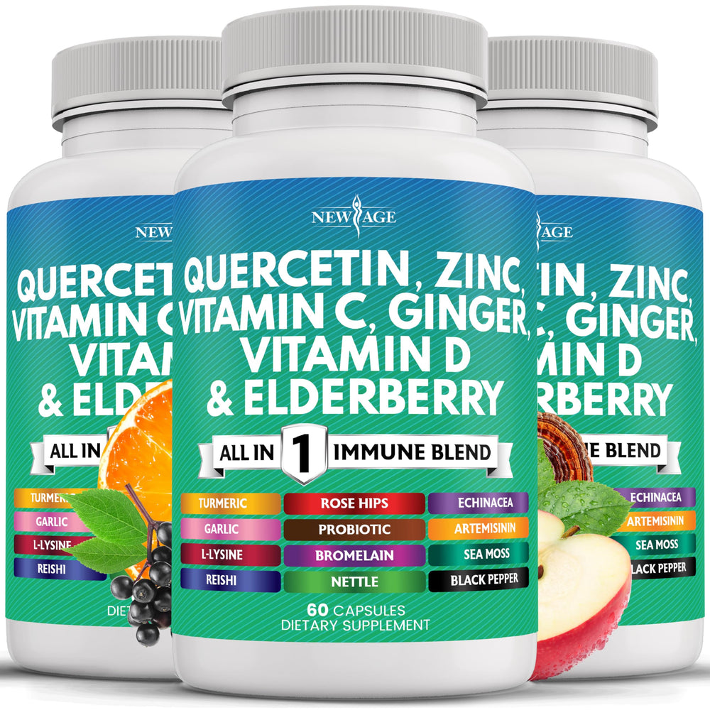 New Age Quercetin Zinc Vitamin C Bromelain Elderberry bottle supports daily wellness routines