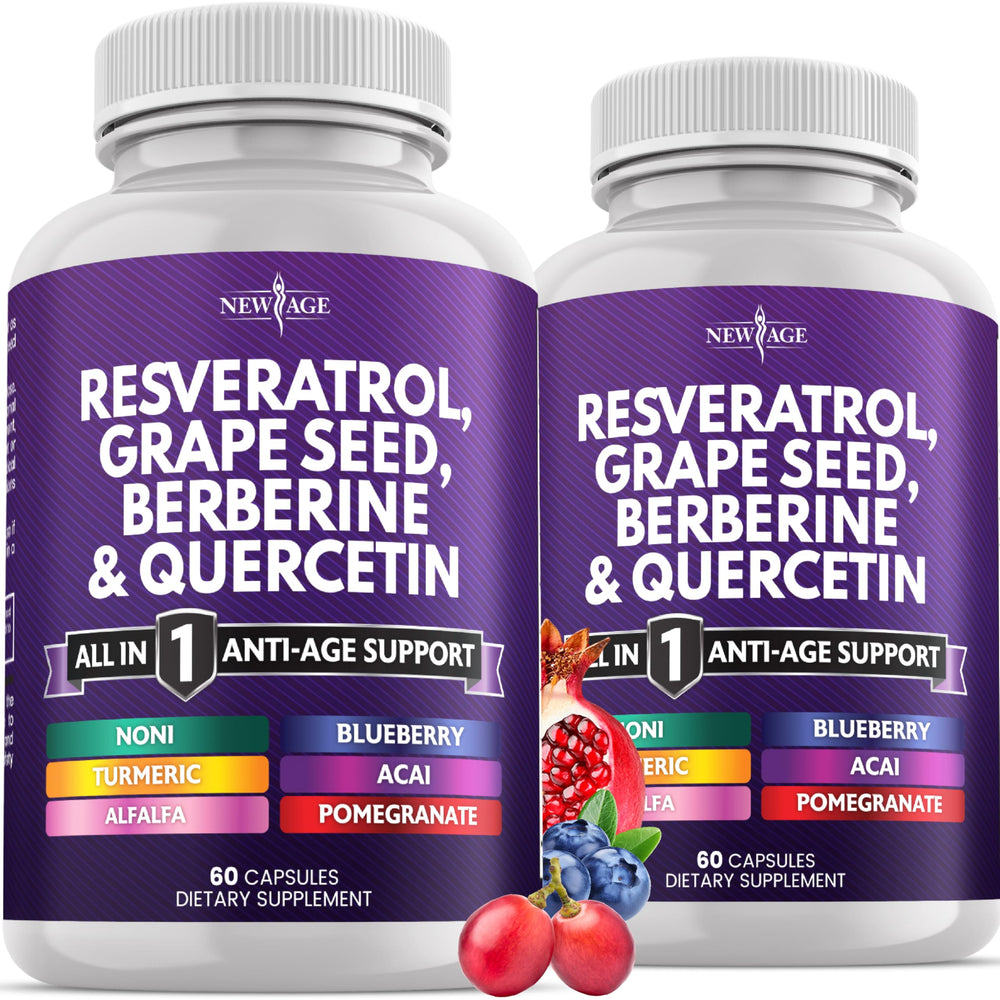 Front view of NEW AGE Resveratrol Berberine Grape Seed Quercetin Acai Noni NAC 120 capsules bottle