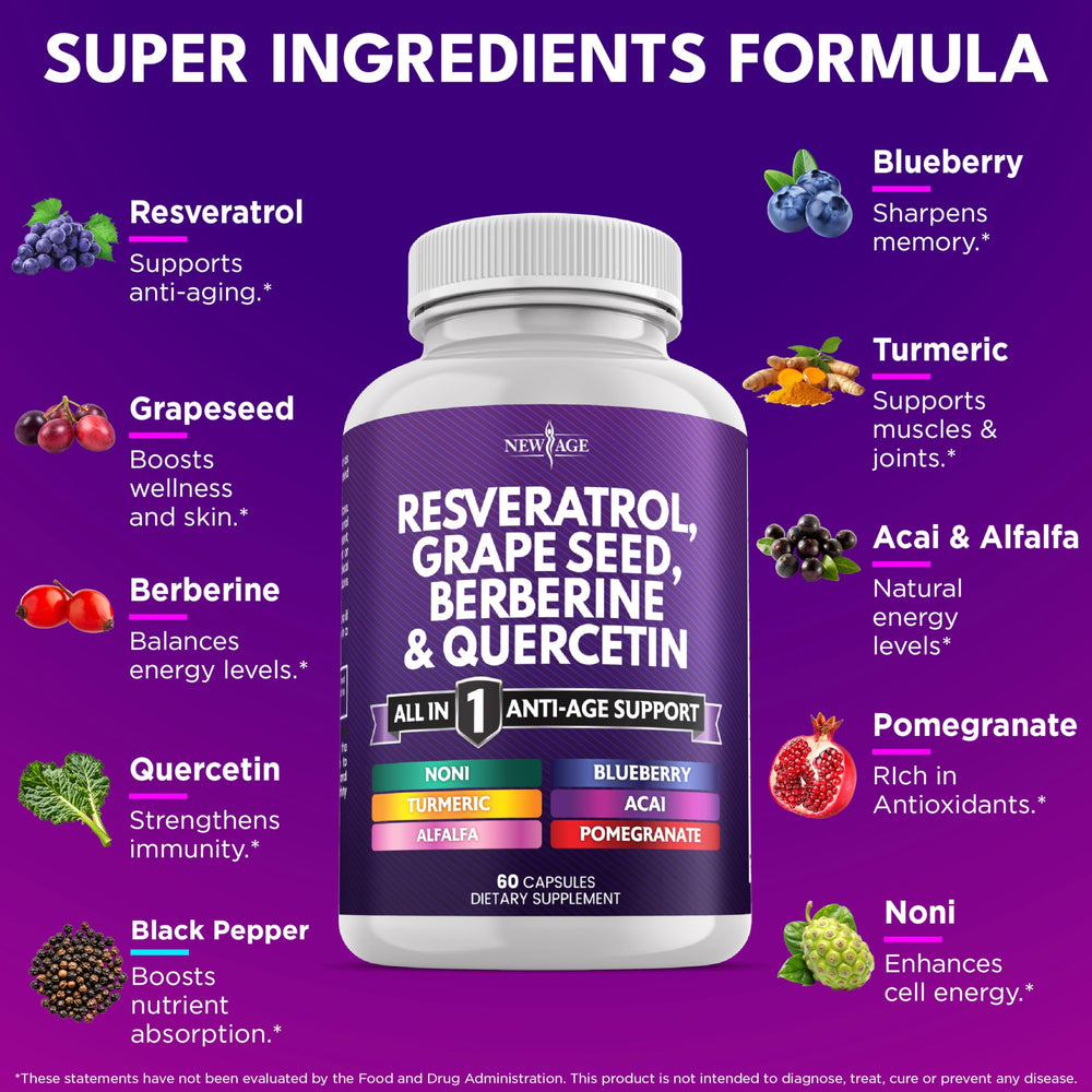 Label close-up showing key ingredients: Resveratrol, Berberine, Quercetin, Acai, Noni, NAC