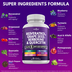 Label close-up showing key ingredients: Resveratrol, Berberine, Quercetin, Acai, Noni, NAC