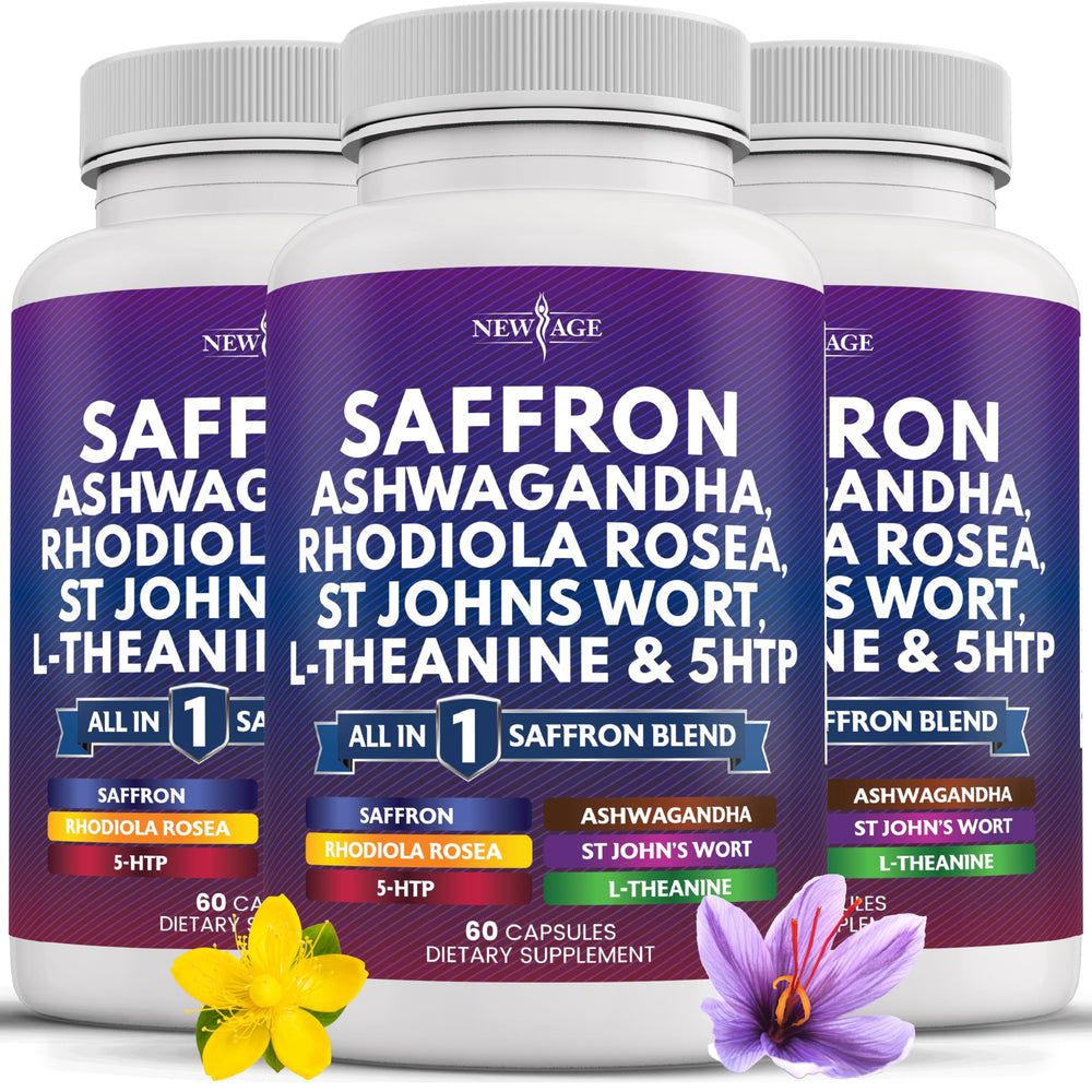 Bottle of NEW AGE Saffron Supplements with Ashwagandha