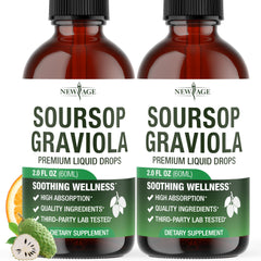 Bottle of NEW AGE Soursop Drops with guanabana leaves and elderberry in background