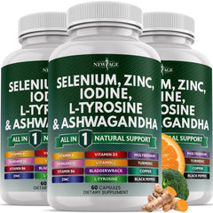 NEW AGE thyroid support bottle label showcases the blend for daily balance.