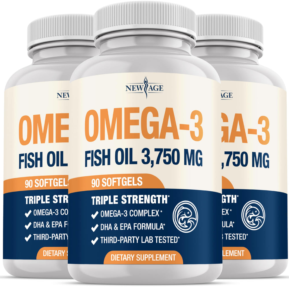 NEW AGE Triple Strength Omega 3 bottle front view showing high potency support