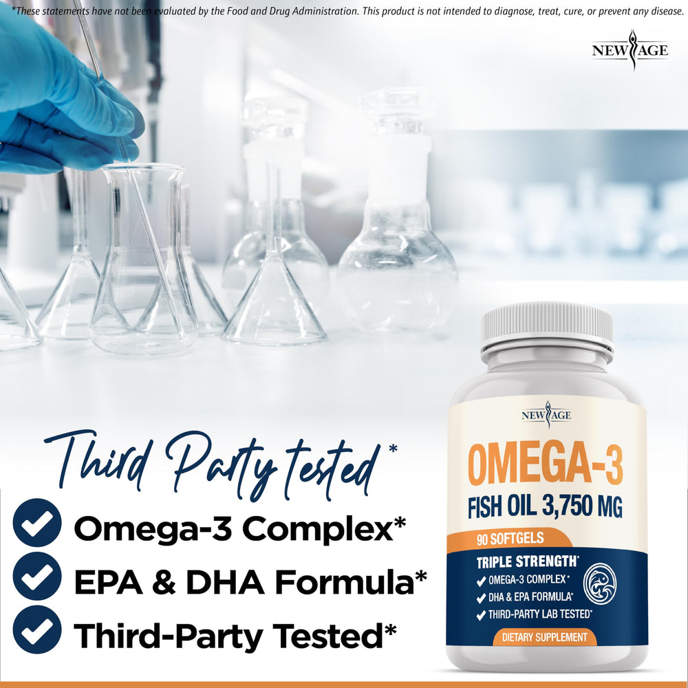 NEW AGE Omega 3 bottle label illustrating purity and third-party testing