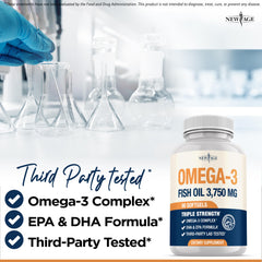 NEW AGE Omega 3 bottle label illustrating purity and third-party testing