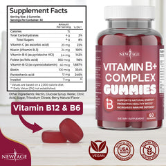 Close-up of ingredients listing for B vitamins (B3, B5, B6, B7/biotin, B9/folic acid, B12) in New Age gummies