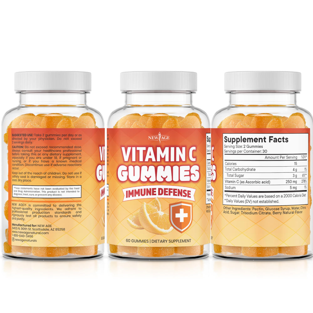NEW AGE Vitamin C Gummies lifestyle shot with kids enjoying orange flavor