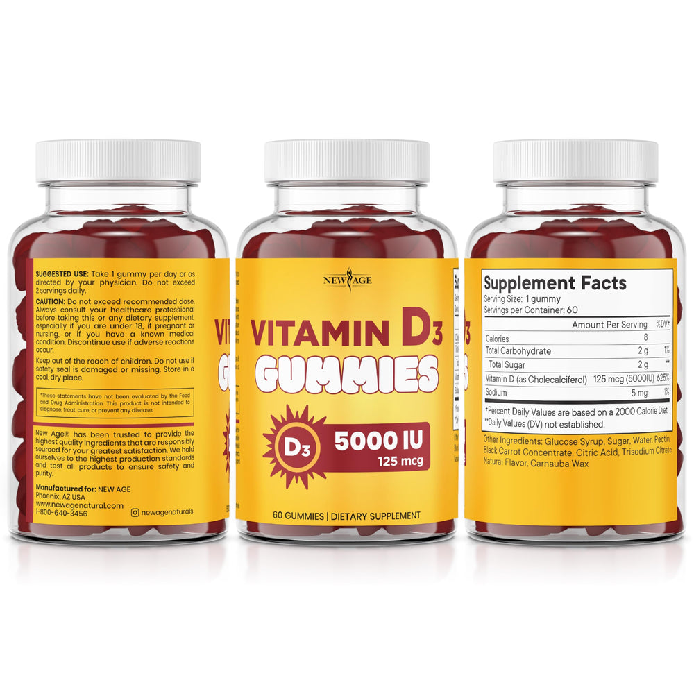Pack of 3 bottles of NEW AGE Vitamin D3 gummies with 180 gummies total