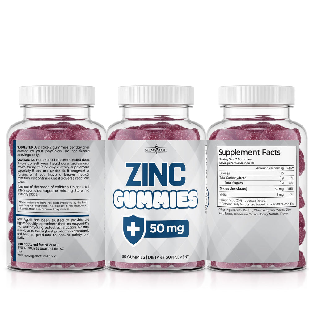 NEW AGE Zinc Gummies bottle beside a glass to suggest daily routine.