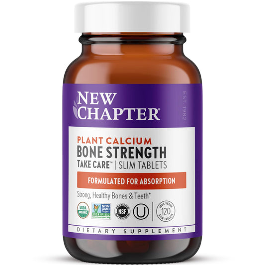 Bottle of New Chapter Bone Strength calcium supplement with Vitamin D3, K2, and Magnesium