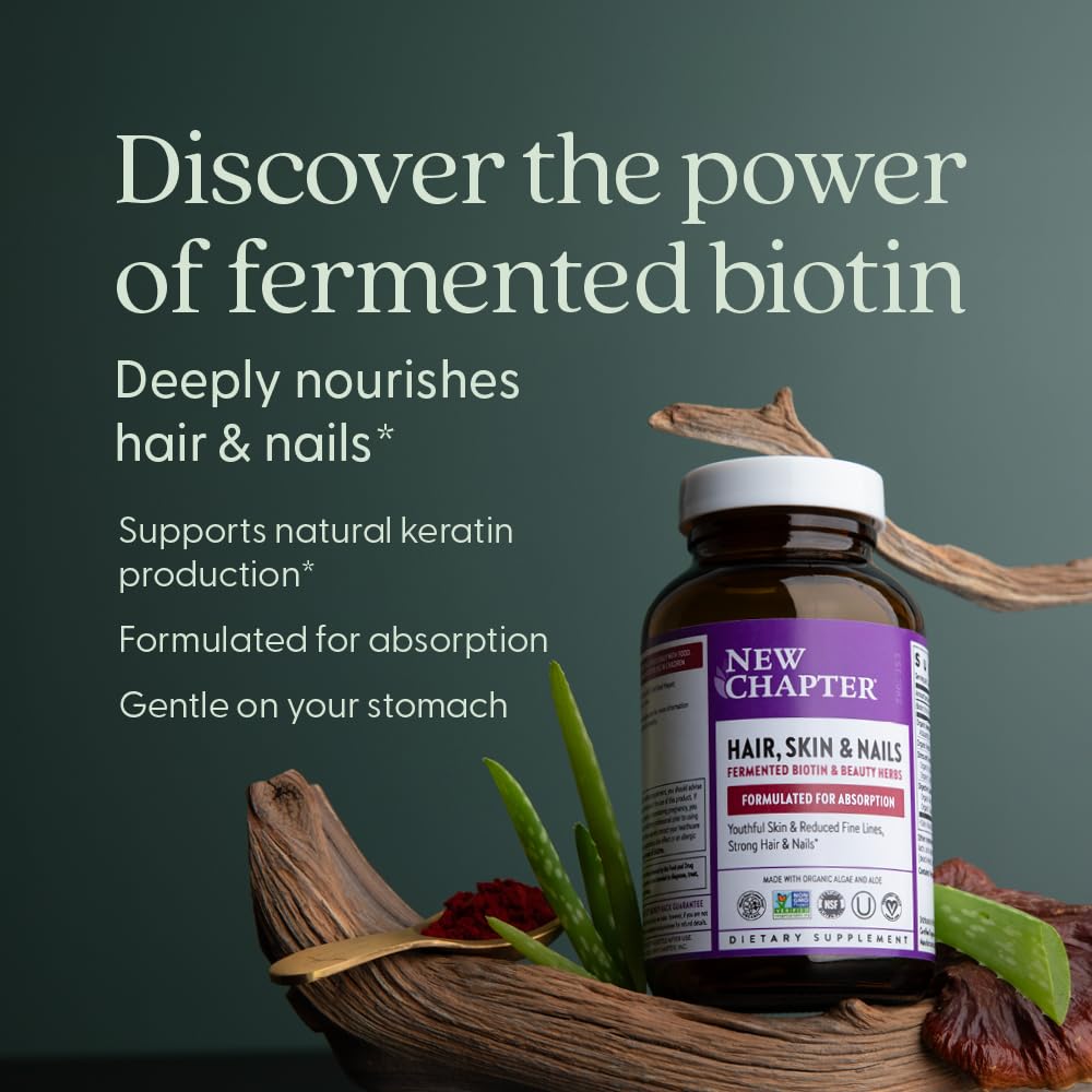New Chapter Fermented Biotin formulation highlighting natural keratin support.