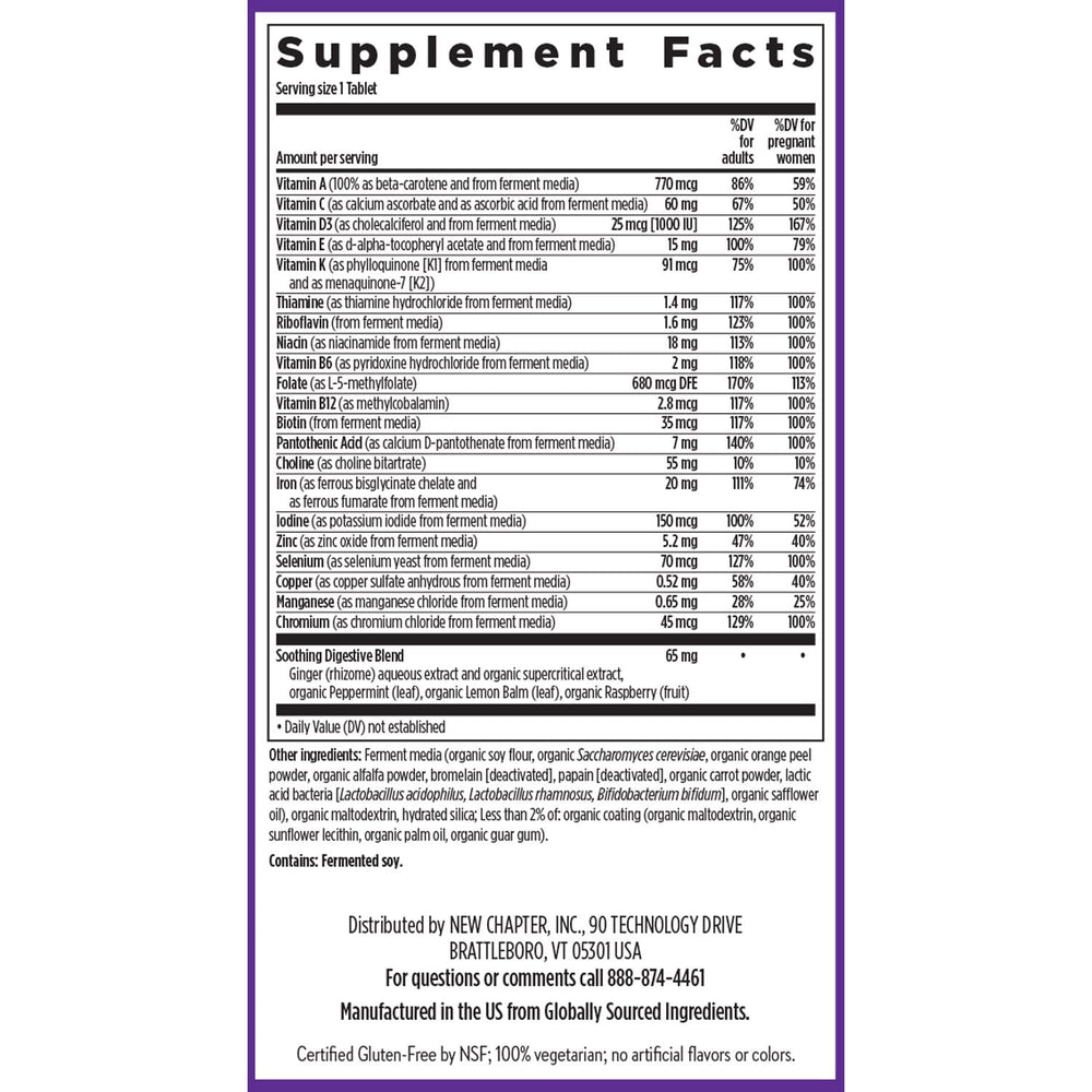 New Chapter Prenatal non-GMO and gluten-free certifications on label.