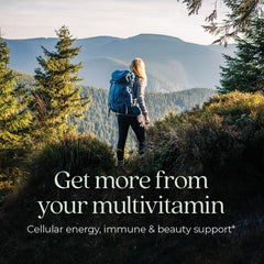 New Chapter multivitamin tablets close-up highlighting gentle iron and fermented nutrients.