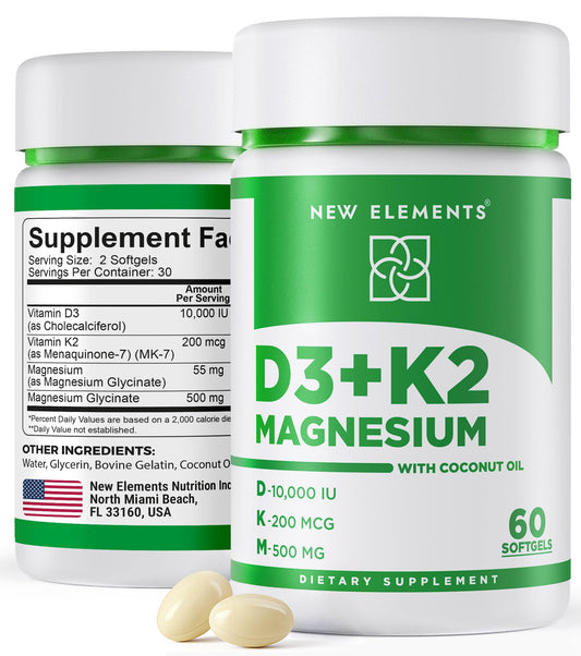Front label of New Elements Vitamin D3 K2 softgels bottle